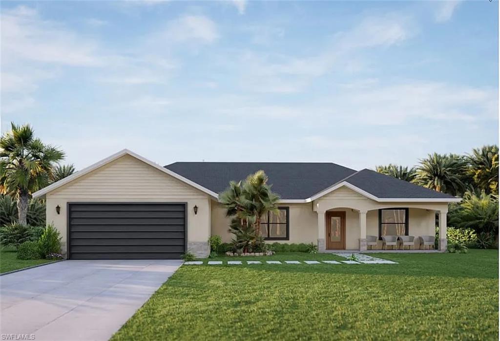 Ranch-style home with stucco siding, a front yard, concrete driveway, and a garage