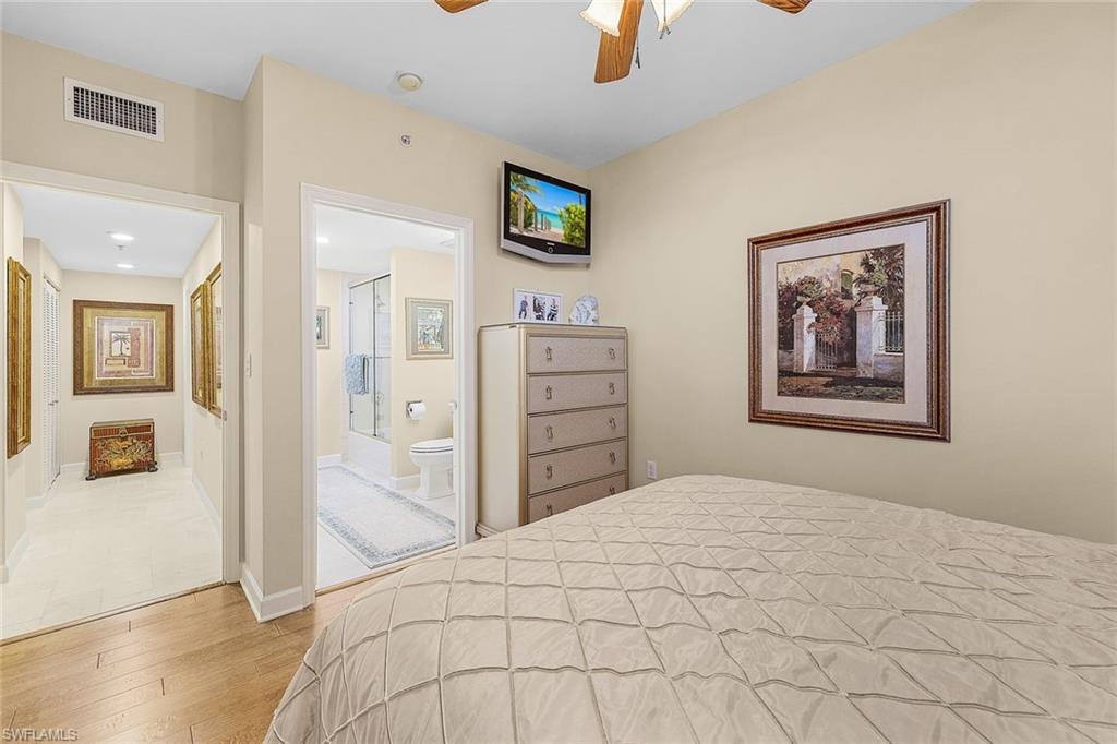 Bedroom featuring light wood-style flooring and a ceiling fan
