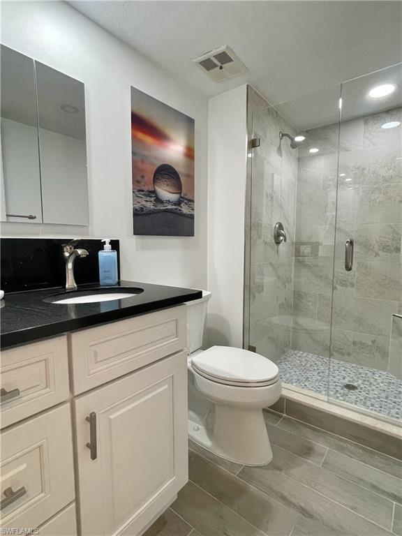 Bathroom featuring vanity, a stall shower, and wood tiled floors