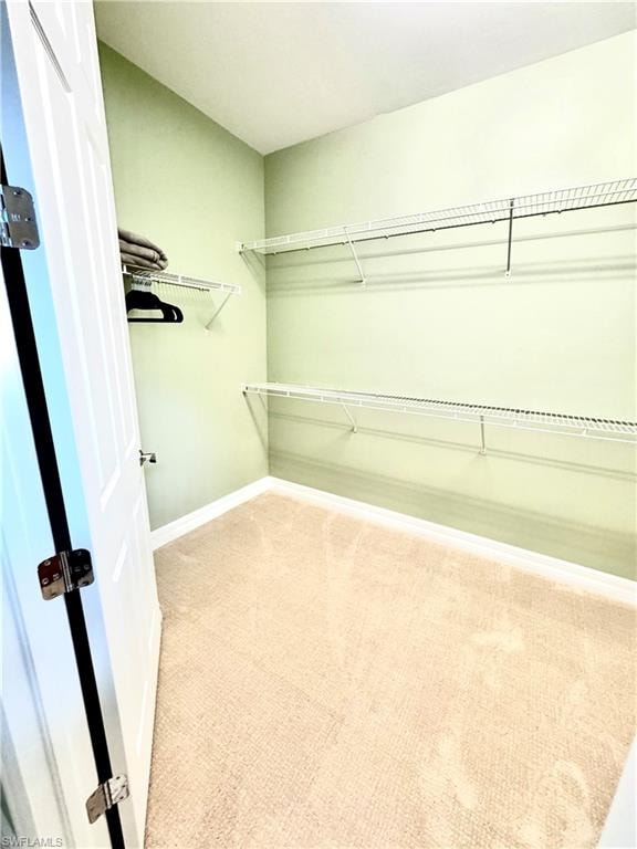 Walk in closet featuring light carpet
