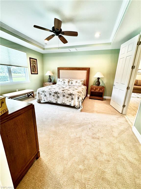 Bedroom with a tray ceiling, carpet, a ceiling fan, and crown molding