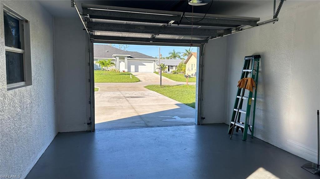 Garage with a textured wall