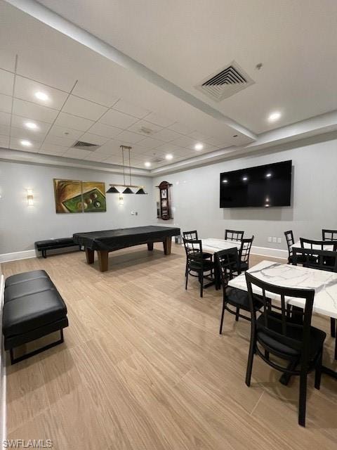 Playroom with pool table, light wood-style flooring, and recessed lighting