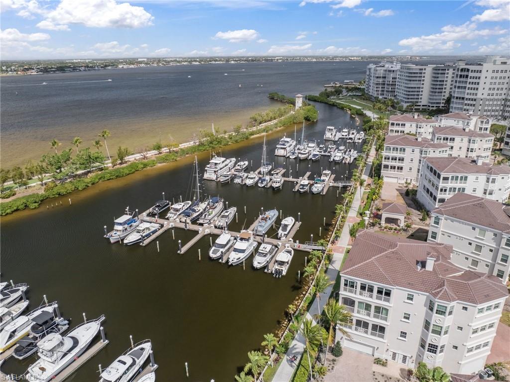 Aerial view of a large body of water and numerous boat docks