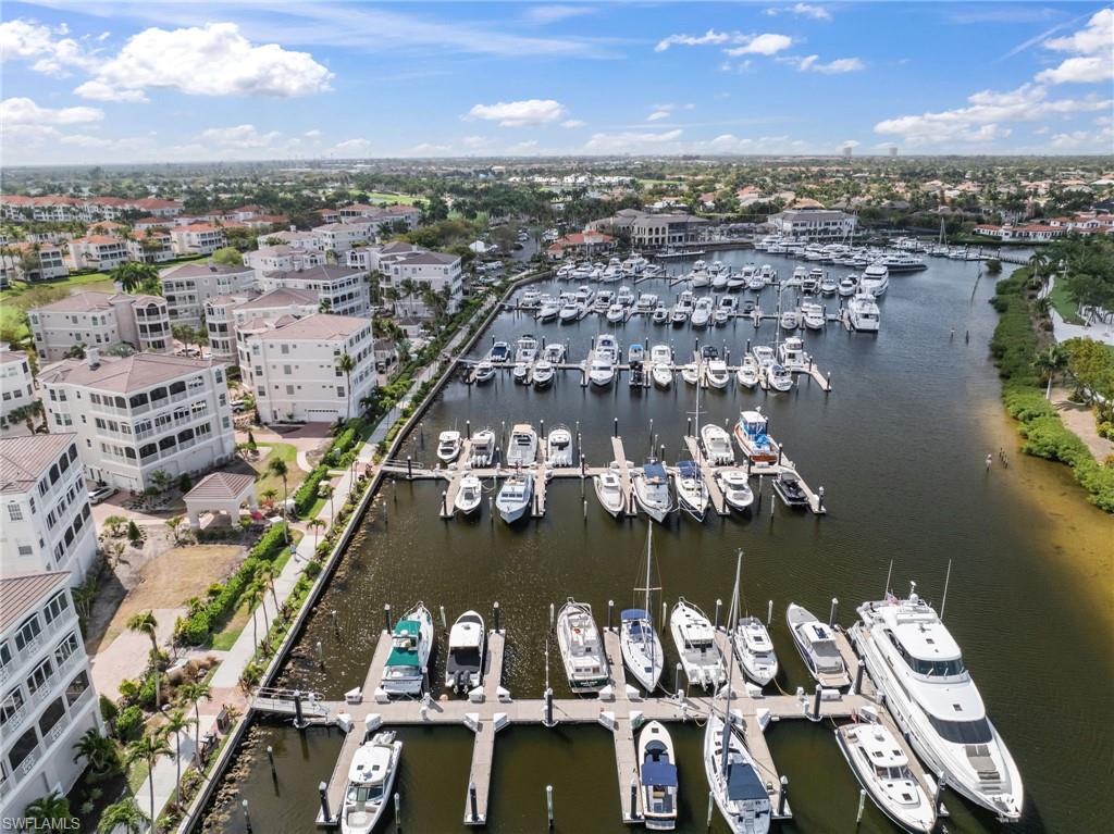 Bird's eye view of a large body of water and a marina