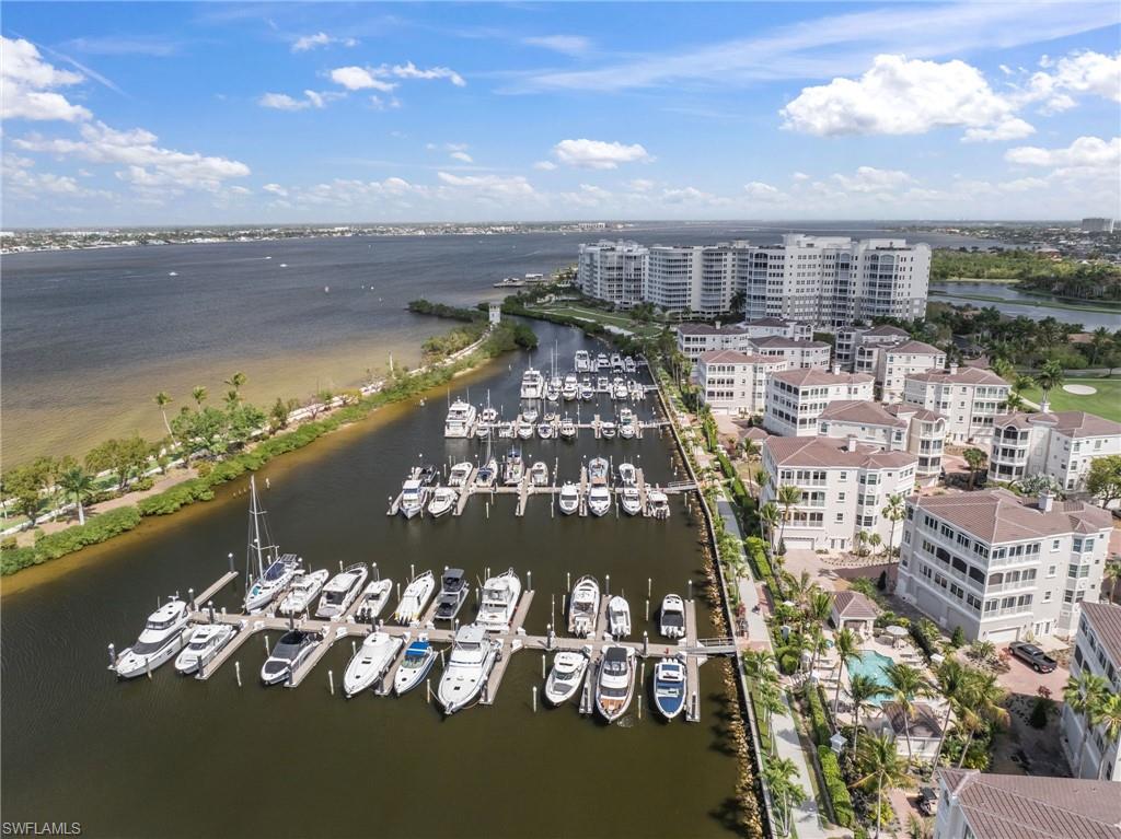Bird's eye view of a nearby body of water and a marina