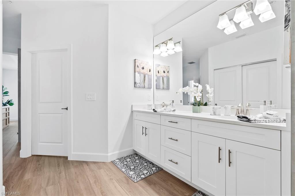 Bathroom with wood-type flooring and vanity