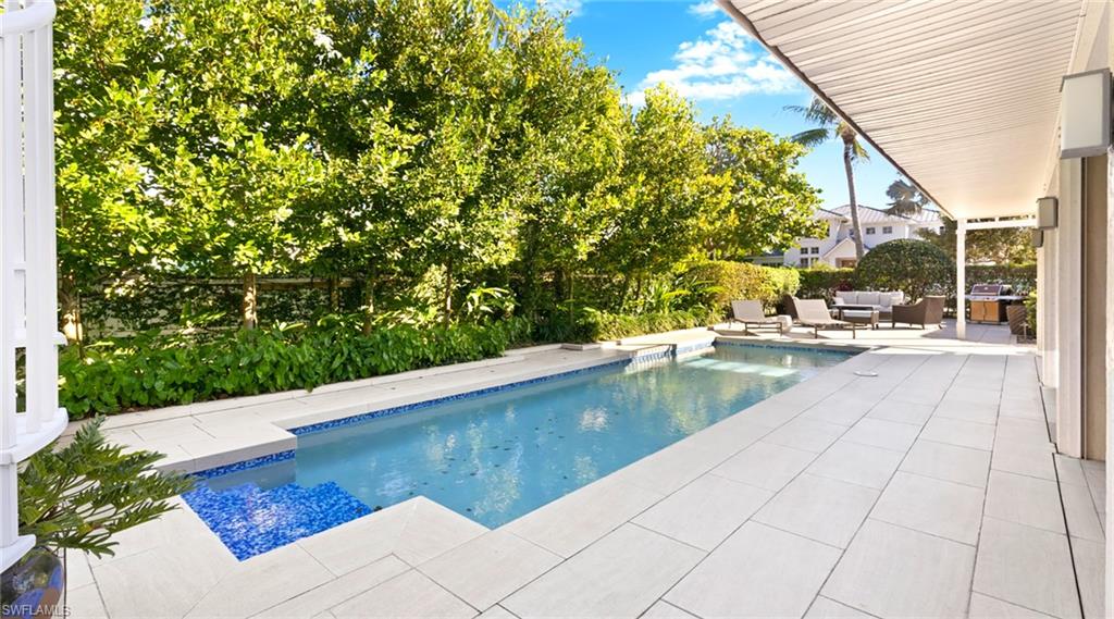 Swimming pool featuring a patio area, outdoor seating, and a grill