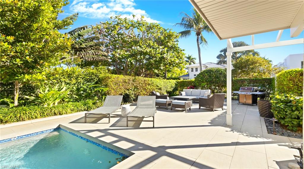 View of pool featuring an outdoor lounge area, patio surround, and a grill