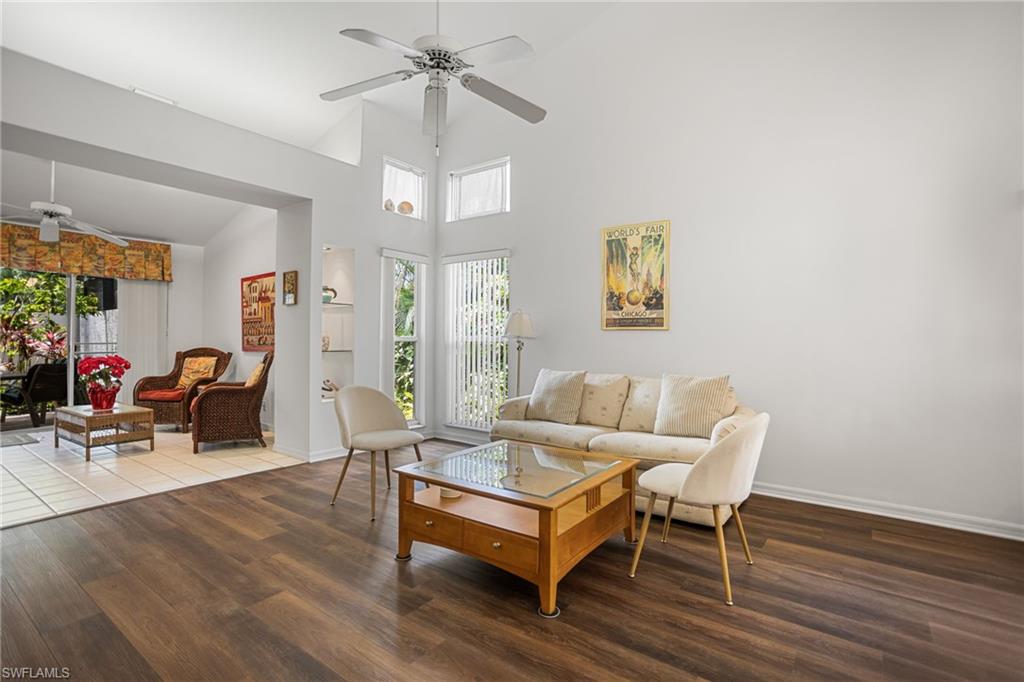 Spacious great room has vaulted ceilings, great light and so much room!