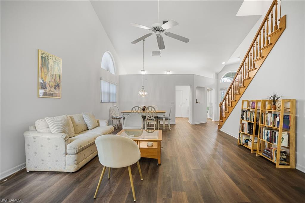 Spacious great room has vaulted ceilings, great light and so much room!