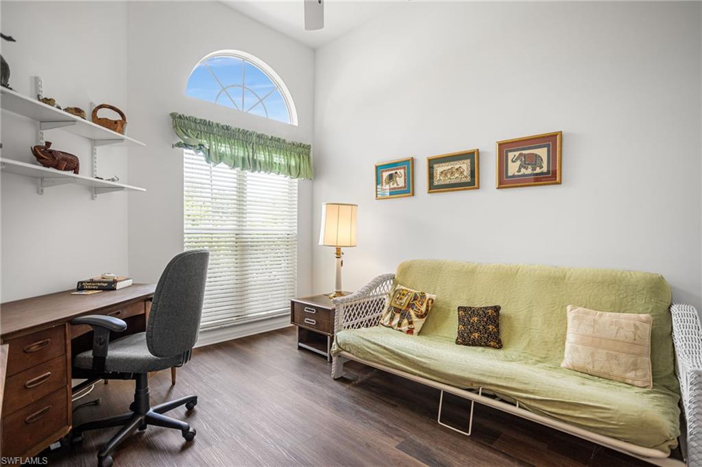 The guest room has vaulted ceiling, floor-to-nearly ceiling window for great light, and direct access to the full bath.