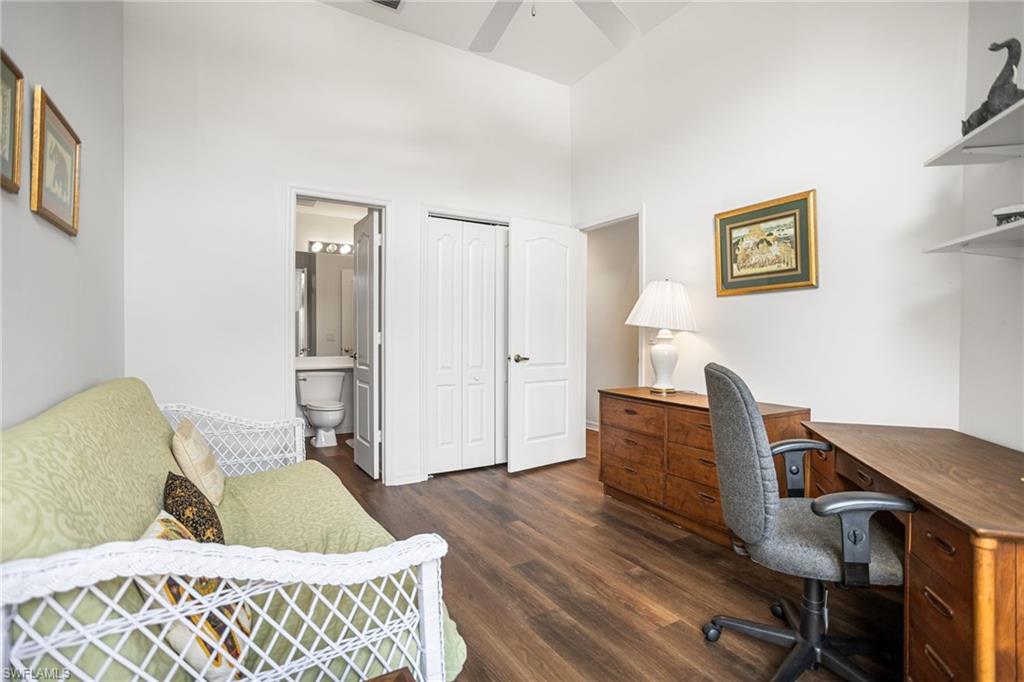 The guest room has vaulted ceiling, floor-to-nearly ceiling window for great light, and direct access to the full bath.