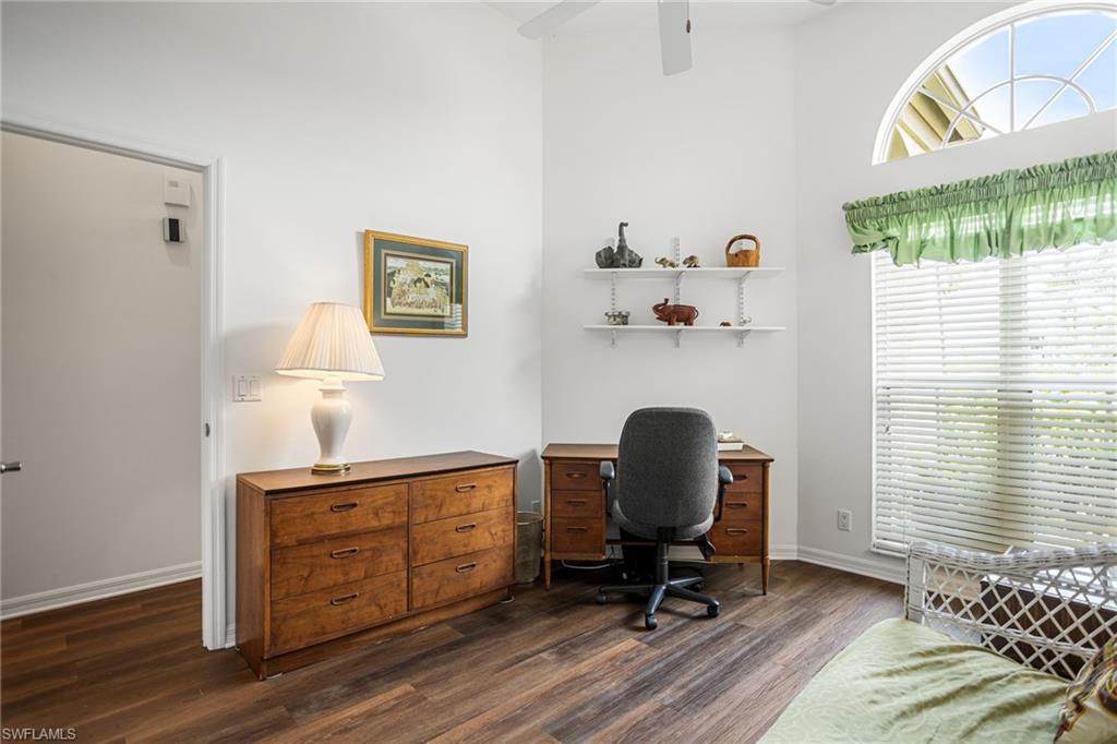 The guest room has vaulted ceiling, floor-to-nearly ceiling window for great light, and direct access to the full bath.