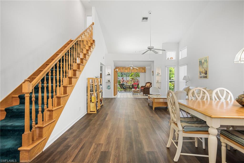 Spacious great room has vaulted ceilings, great light and so much room!