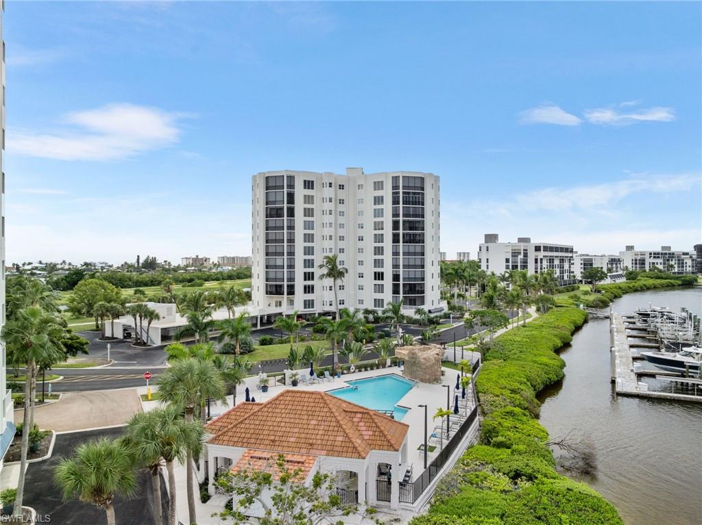 Bird's eye view of a pool with a view of the Bay