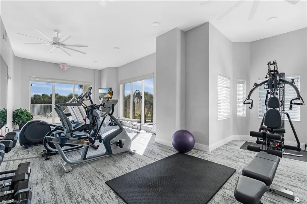 Community Workout area featuring a ceiling fan