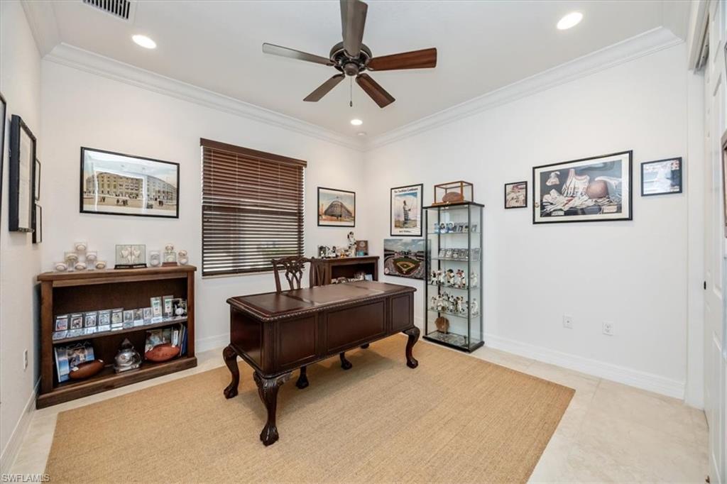 Office area featuring ornamental molding, recessed lighting, ceiling fan, and light tile patterned floors