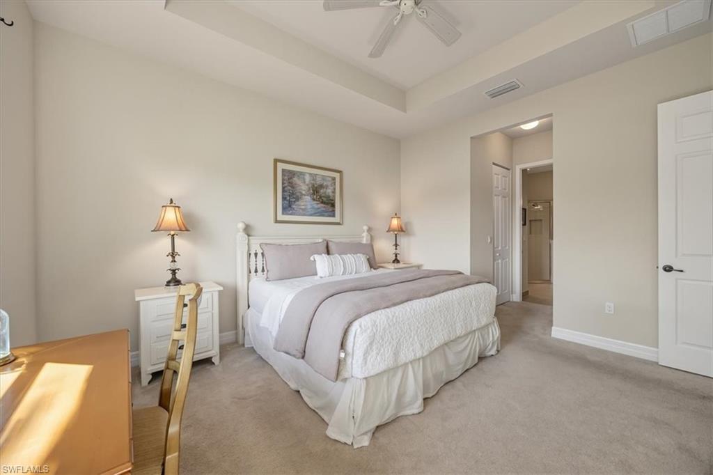 Carpeted bedroom featuring a raised ceiling, ceiling fan, and a closet