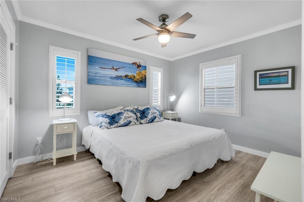 Bedroom featuring crown molding, light wood-type flooring, a ceiling fan, multiple windows, and a closet