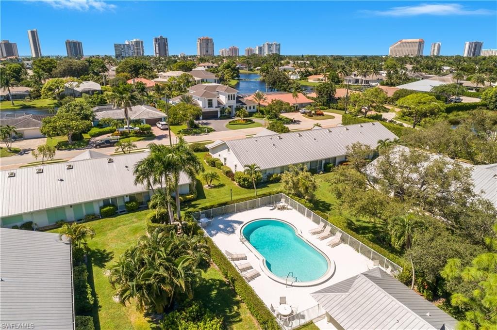 Aerial view of skyline and a pool