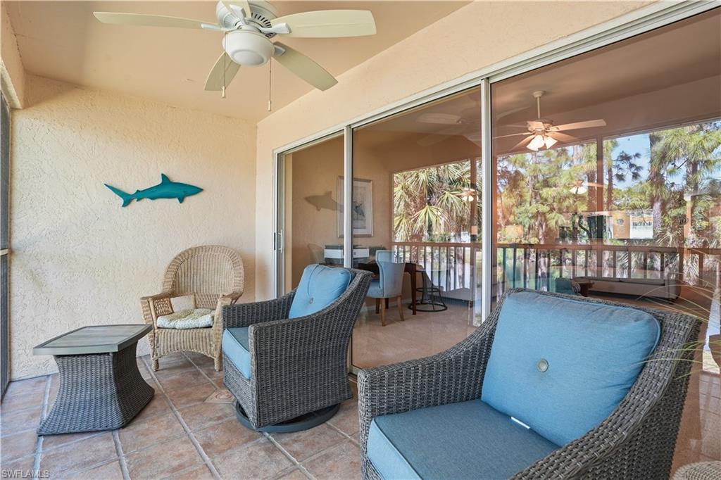 View of patio featuring ceiling fan