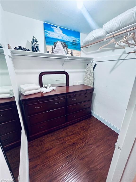 Walk in closet featuring dark wood-style flooring