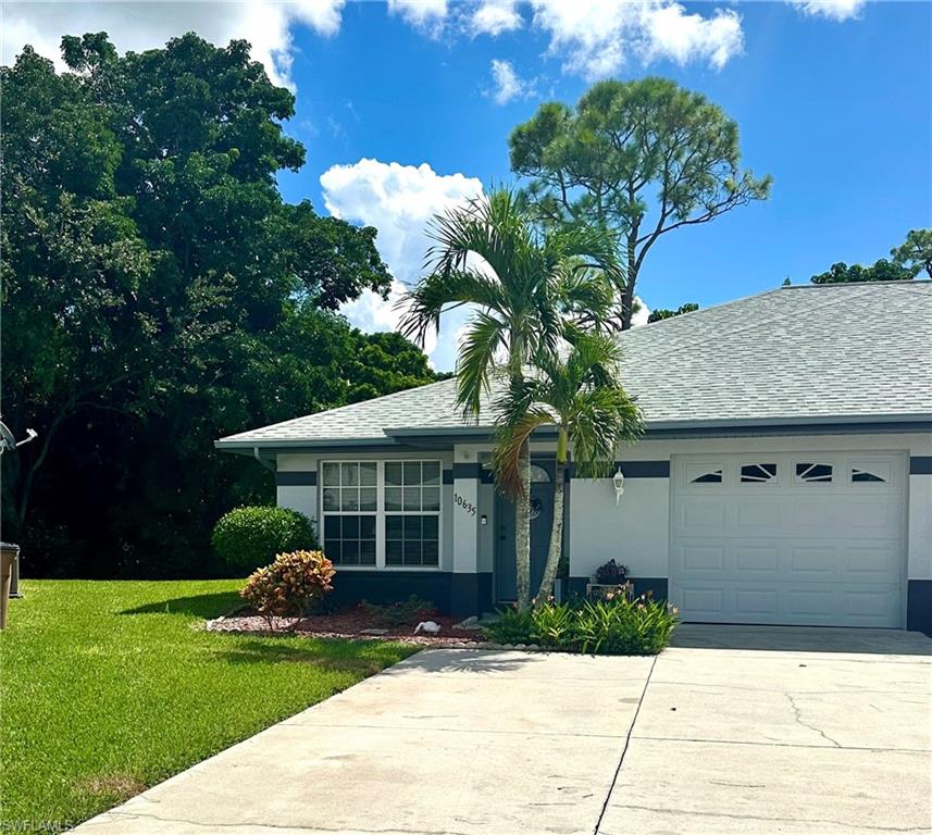 Ranch-style house featuring a front yard, driveway, roof with shingles, and stucco siding