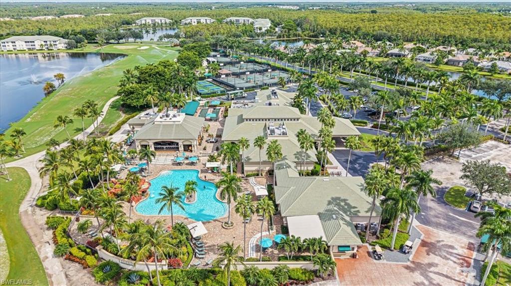 Aerial view of a nearby body of water and a golf course