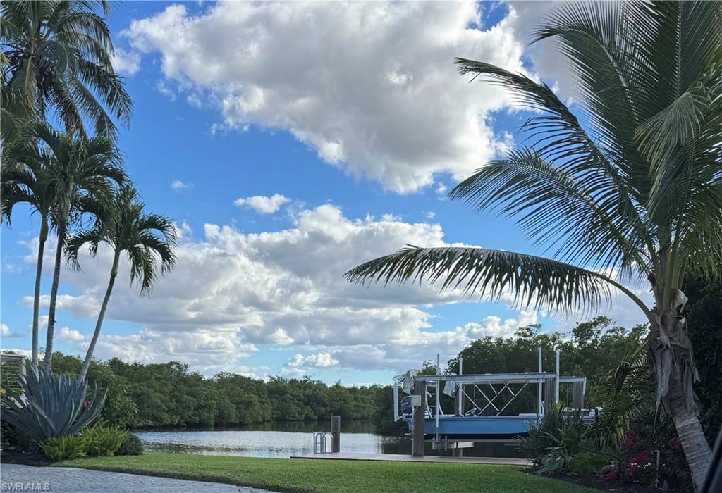 Water view featuring a boat dock and boat lift