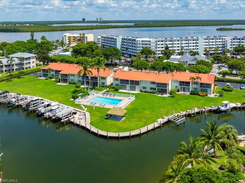 Bird's eye view of a large body of water and a pool area