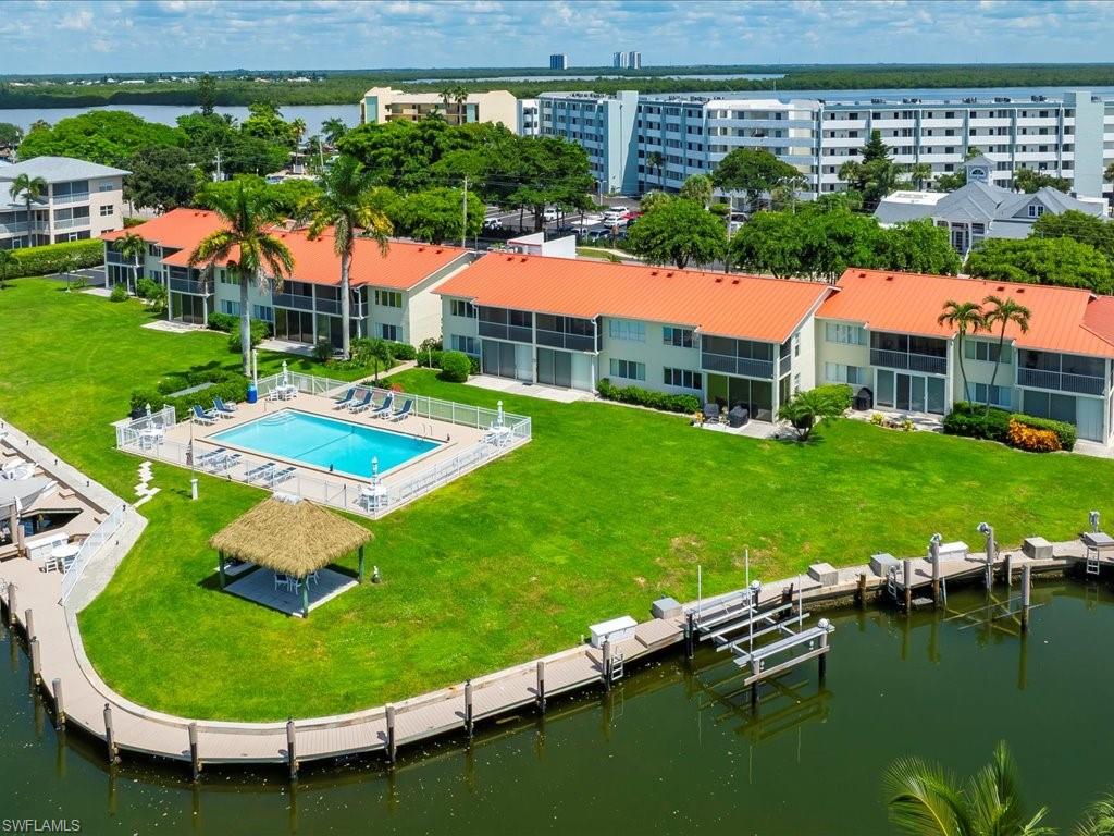Aerial view of a large body of water and a pool