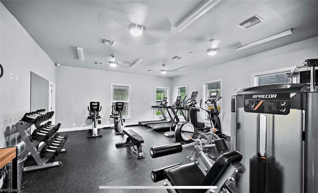 Workout area with a ceiling fan