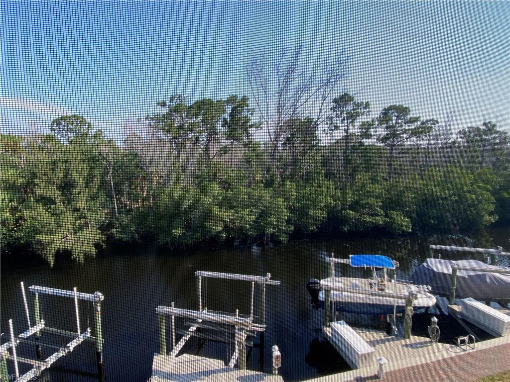 Dock area featuring boat lift, a water view, and a view of trees