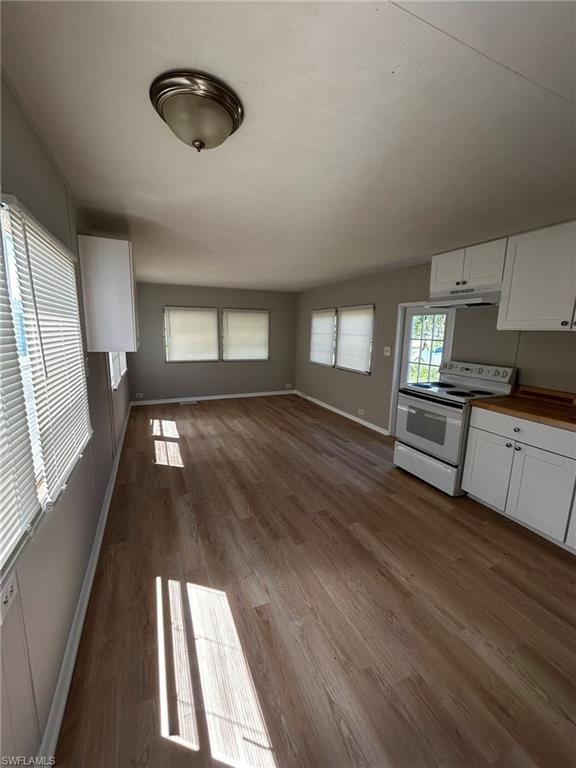Unfurnished dining area featuring baseboards and dark wood-type flooring