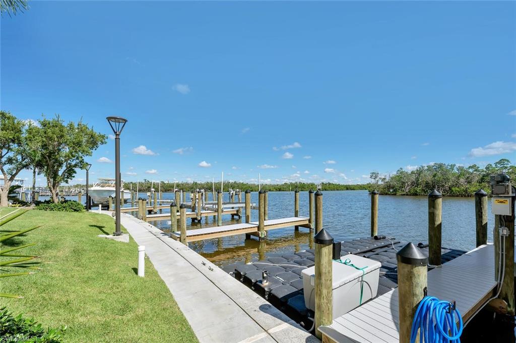 Dock featuring a lawn, a water view, and boat lift