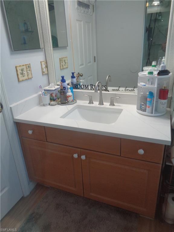 Bathroom with vanity and dark wood-type flooring