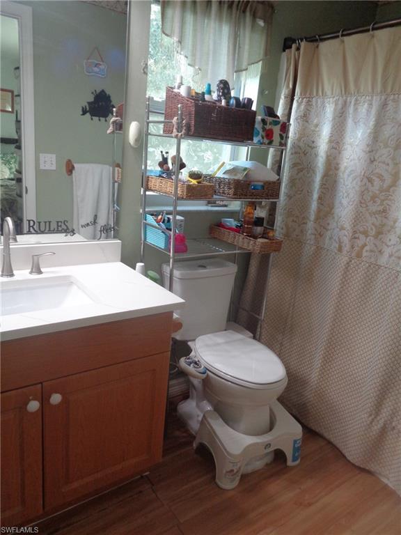 Bathroom featuring vanity, curtained shower, and dark wood-style flooring