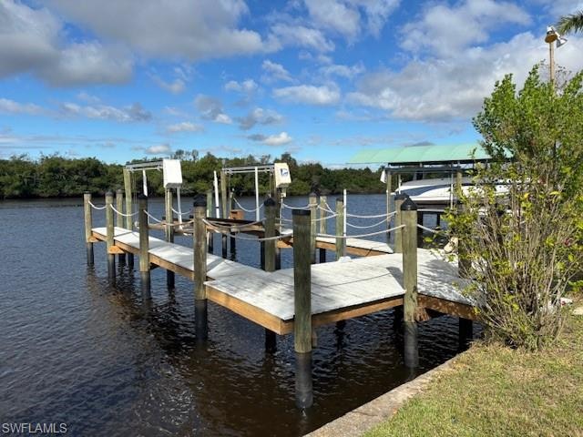 Dock with boat lift and a water view