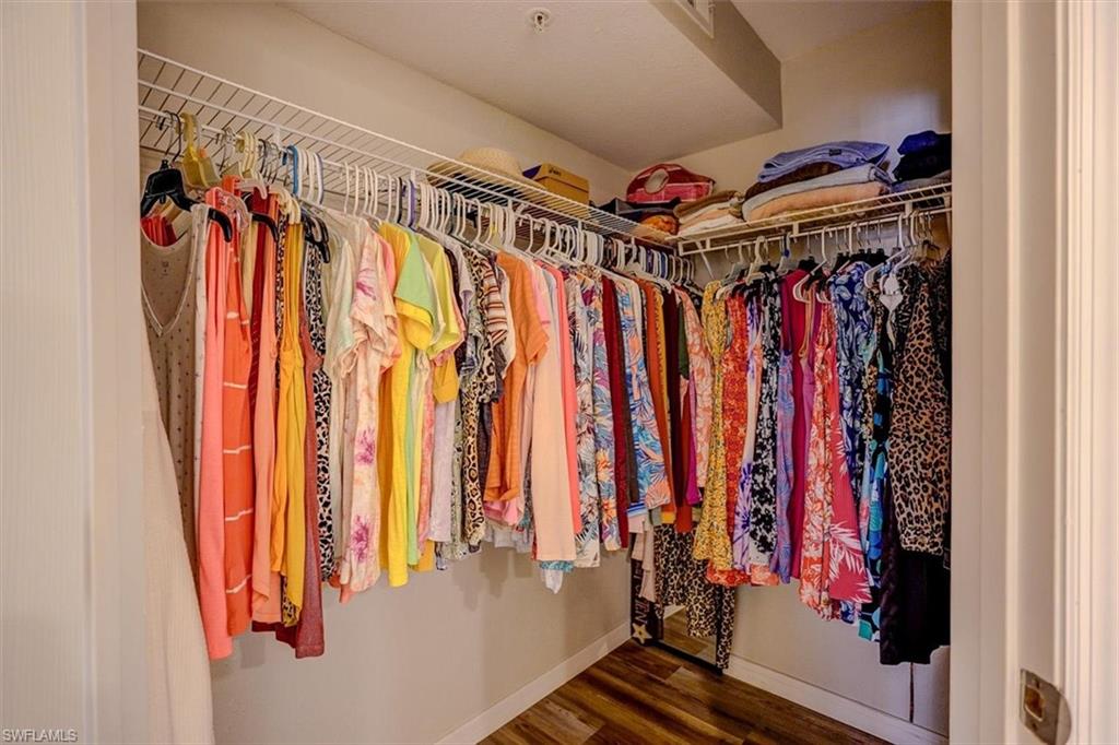 Spacious closet featuring dark wood-style flooring