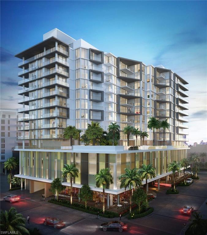 View of Exterior showing retail space, garage levels and luxury condos. Virtual Rendering.