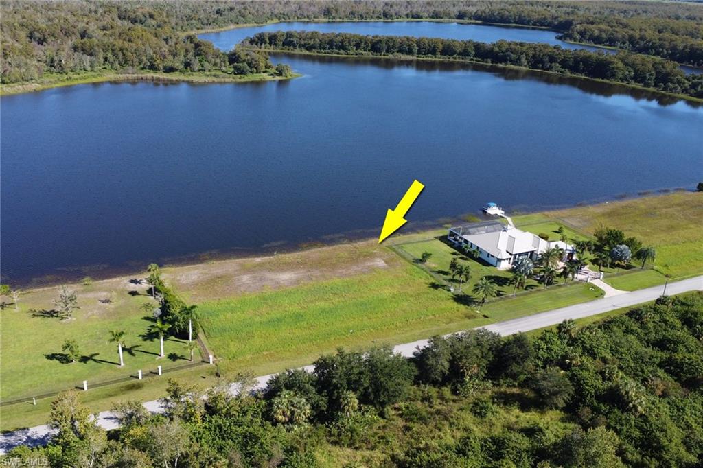 Drone / aerial view of a nearby body of water and a forest