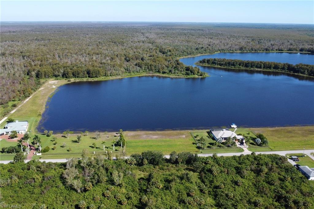 Aerial view of a heavily wooded area and a large body of water
