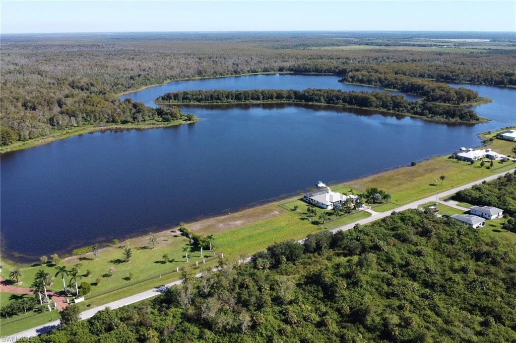 Bird's eye view of a heavily wooded area and a large body of water
