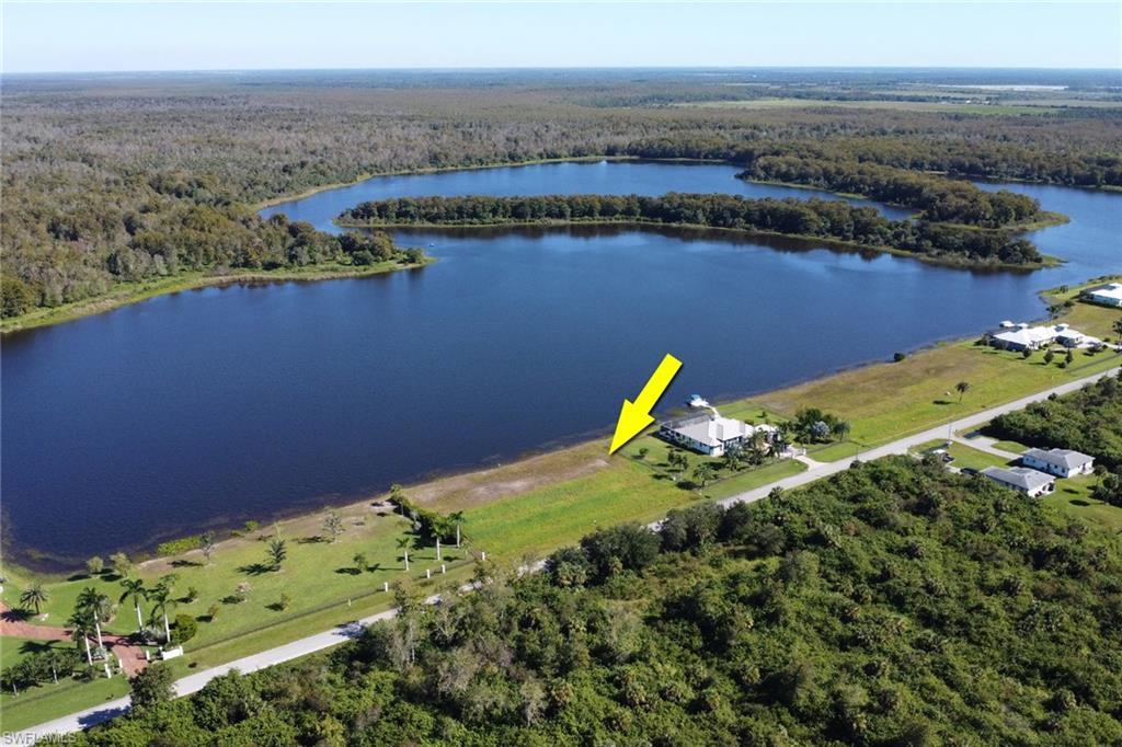 Drone / aerial view of a heavily wooded area and a nearby body of water