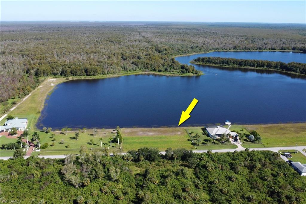Aerial view of a heavily wooded area and a nearby body of water