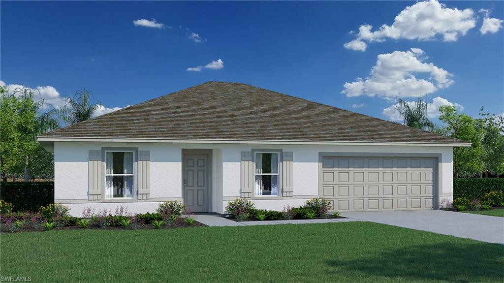 Single story home featuring a front yard, concrete driveway, stucco siding, and a garage