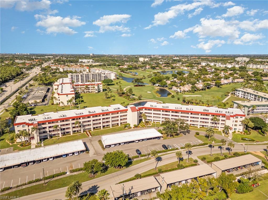 Aerial view of Seven Lakes building #23, carport spaces, and golf cart spaces