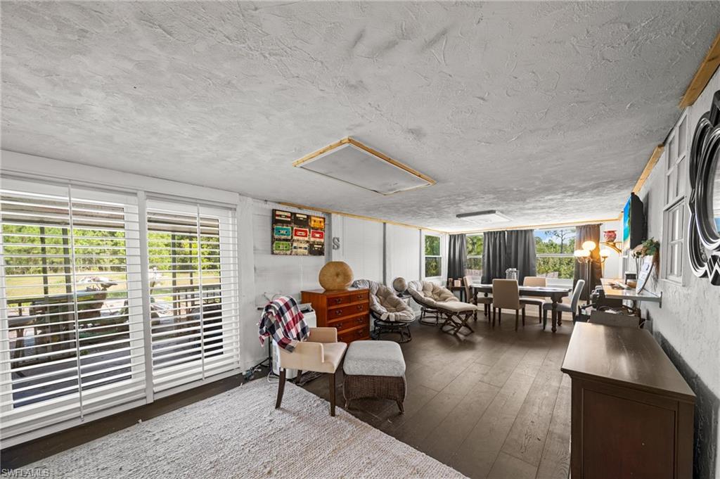 Living area featuring dark wood-style flooring and a textured ceiling