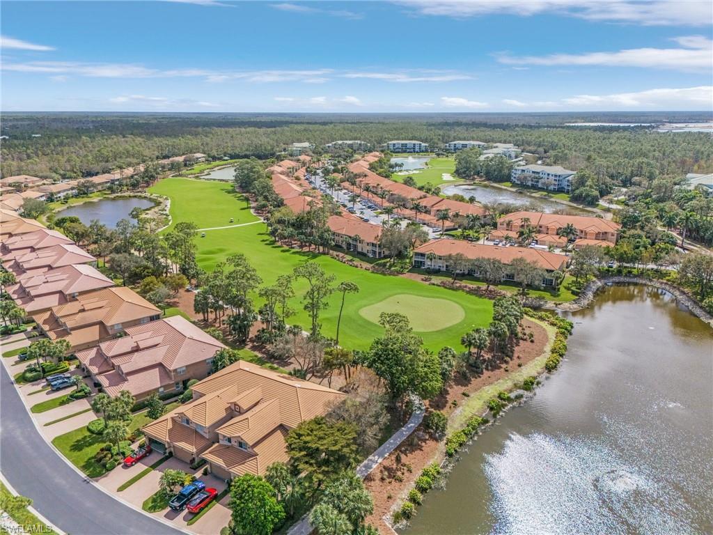 Aerial view of the 6th fairway, green and pond.